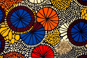 Seamless vibrant African wax print fabric, bold, geometric tribal patterns.