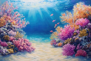 Naklejka premium A coral reef scene with starfish, seashells, and corals on the sandy ocean floor, illuminated by sunlight filtering through the water.