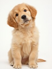 Adorable Golden Retriever Puppy with Curious Head Tilt on White Background