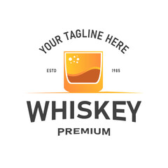 Whiskey logo design and beverage label with classic vintage retro ornament illustration, presenting an elegant premium look as an exclusive template.