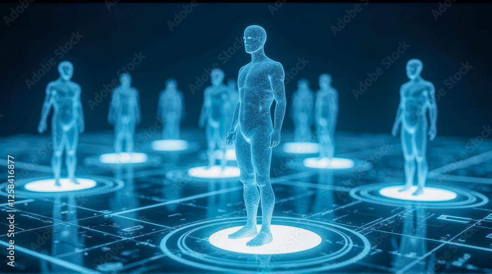 Poster digital human figures in futuristic data visualization concept with blue neon glow representing tech