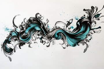 Hand-drawn abstract ink designs in black and turquoise, with freeform swirls, conveying fluid motion and human connection.