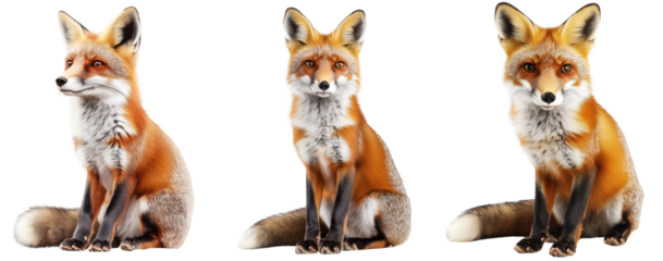 Beautiful Red Fox Sitting in Three Different Poses and Expressions, isolated on transparent background.