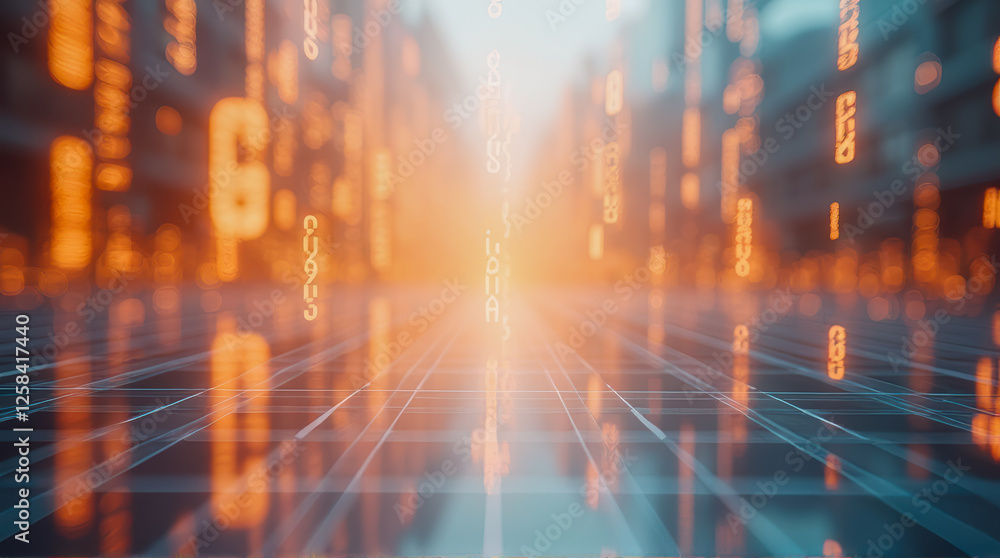 Poster futuristic data environment with glowing orange binary numbers and 3d grid, abstract technology conc