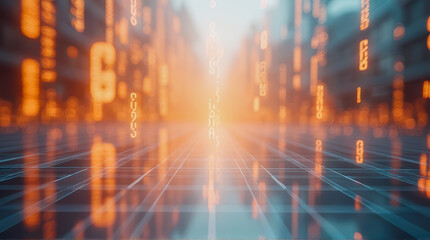 Obraz premium Futuristic Data Environment with Glowing Orange Binary Numbers and 3D Grid, Abstract Technology Concept for Digital Transformation and Innovation