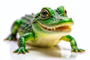 Fototapeta premium Adorable Smiling Green Alligator, Cute Crocodile, Vibrant White Background Stock Photo