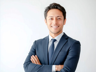 腕組みをして自信に満ちた表情で立つスーツ姿の男性ビジネスマン
