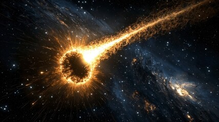 Space exploration nebula hyperspace concept. A glowing comet streaks through a starry space, leaving a dazzling trail of light against a dark cosmic backdrop.