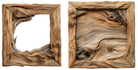 Rustic Wooden Frames with Natural Texture and Design Elements, isolated on transparent background.