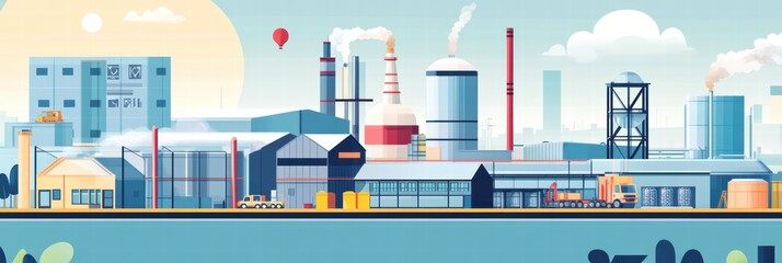 Fototapeta premium Graphic layout showcasing industrial site with factories and transportation facilities