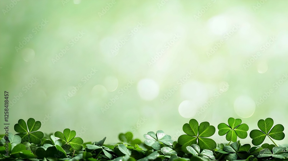 Poster close up of shamrocks against a soft green bokeh background