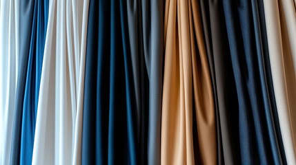 Showcase curtains in rows with varied textures and colors, perfect for stylish marketing and product presentations