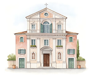 watercolor facade historical building on the white background, architectural sketch