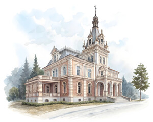 Fototapeta premium watercolor facade historical building on the white background, architectural sketch