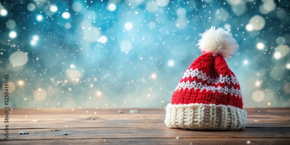 Aufkleber a festive red and white knitted winter hat sits on a rustic wooden surface against a bokeh backgroun