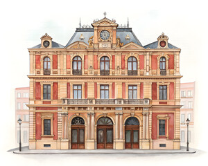Fototapeta premium watercolor facade historical building on the white background, architectural sketch