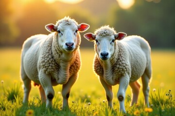 Obraz premium Sheep and cow together in field, wildlife, countryside, cow
