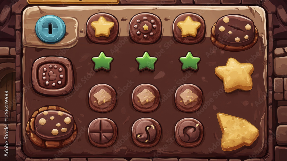 Aufkleber game menu board and buttons with cookie and chocolate texture. vector cartoon set of sweet biscuit p