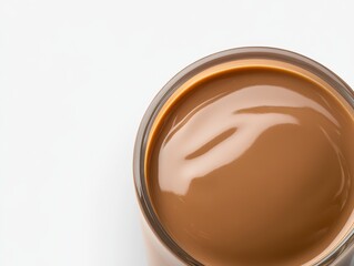 Rich and Creamy Chocolate Milk in Transparent Glass on White Background, Close-up Shot with Reflective Surface and High Resolution Clarity