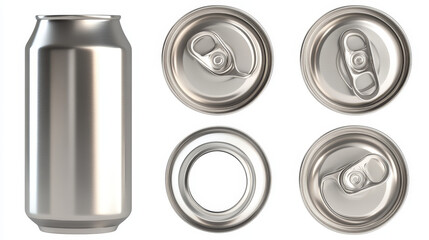 Aluminium can for soda or beer in front, top and bottom view. Vector realistic 3d mockup of blank metal tin can for drink with ring pull on lid isolated on white background
