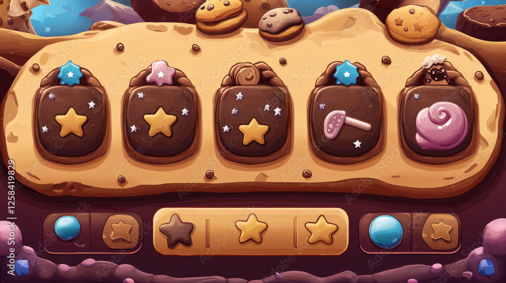 Aufkleber game menu board and buttons with cookie and chocolate texture. vector cartoon set of sweet biscuit p