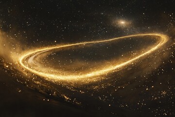 Obraz premium A dark background with golden, glowing lines, stars, and dust particles in the foreground.
