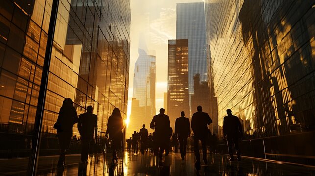 Silhouetted businesspeople walk towards a setting sun between tall city buildings.