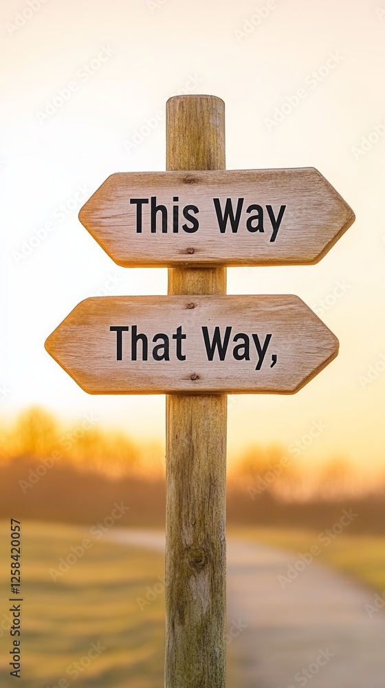 Poster two wooden signs pointing in opposite directions, representing the challenges of choice and the fear