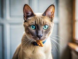 Adorable Tonkinese Cat Enjoying a Delicious Treat at Home