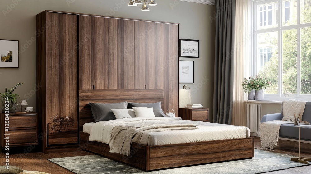 Poster efficient bedroom layout with a platform bed, side tables, and a compact wardrobe to maximize space 