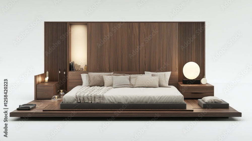 Poster efficient bedroom layout with a platform bed, side tables, and a compact wardrobe to maximize space 
