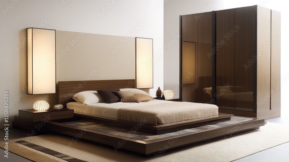Poster efficient bedroom layout with a platform bed, side tables, and a compact wardrobe to maximize space 