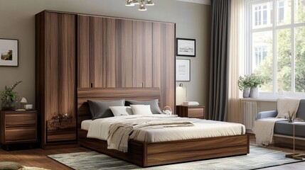 Efficient bedroom layout with a platform bed, side tables, and a compact wardrobe to maximize space and functionality