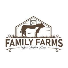 Vintage style logo with silhouette of cow and sheep in front of a barn, this logo is suitable for farm, agribusiness, dairy, organic meat, or other livestock based business.