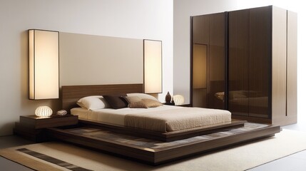 Efficient bedroom layout with a platform bed, side tables, and a compact wardrobe to maximize space and functionality
