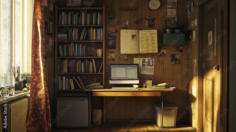 Poster efficient study nook with a vertical bookshelf, folding desk, and wall hooks for a tidy, space-savin