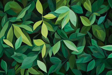 Lush green jungle leaves overlapping, forming a dense, abstract botanical pattern with deep shadows and vibrant highlights.
