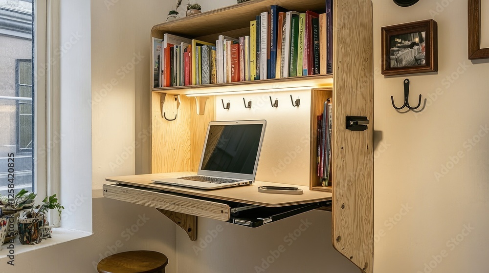 Poster efficient study nook with a vertical bookshelf, folding desk, and wall hooks for a tidy, space-savin