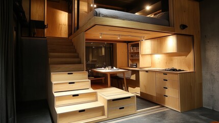 Efficient tiny home setup with a loft bed, compact stairs with storage drawers, and a foldable dining table