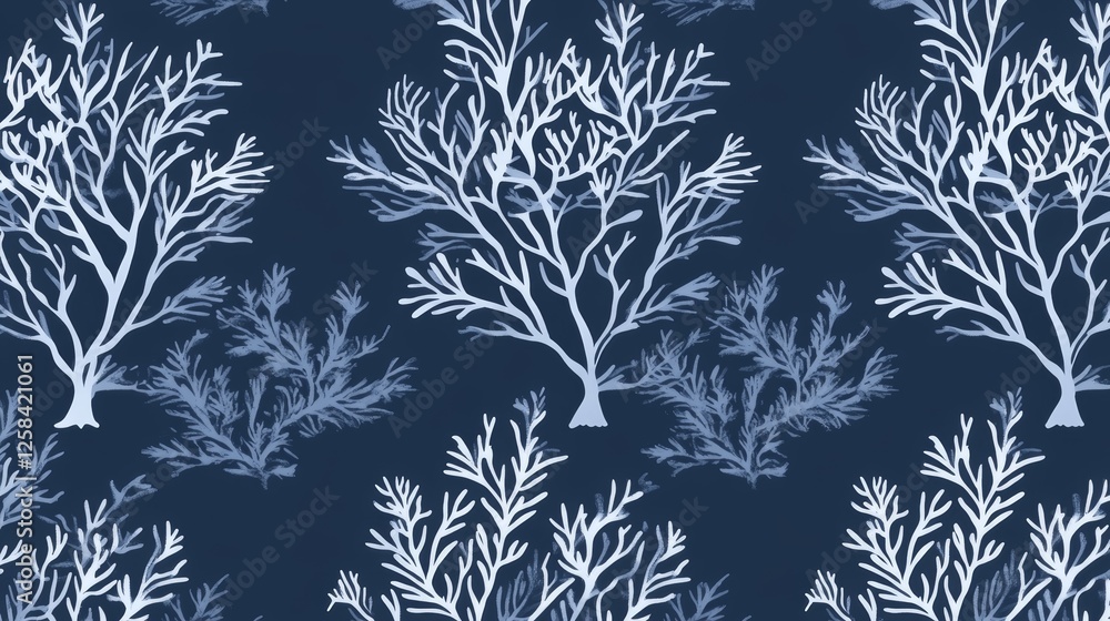 Poster abstract seaweed pattern on dark background in white and blue with branching and leafy shapes
