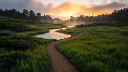 Serene sunrise over a winding path alongside a misty stream in a lush green meadow.