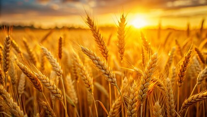 Fototapeta premium Silhouetted Wheat Field at Sunset - Shallow Depth of Field - Golden Hour Photography