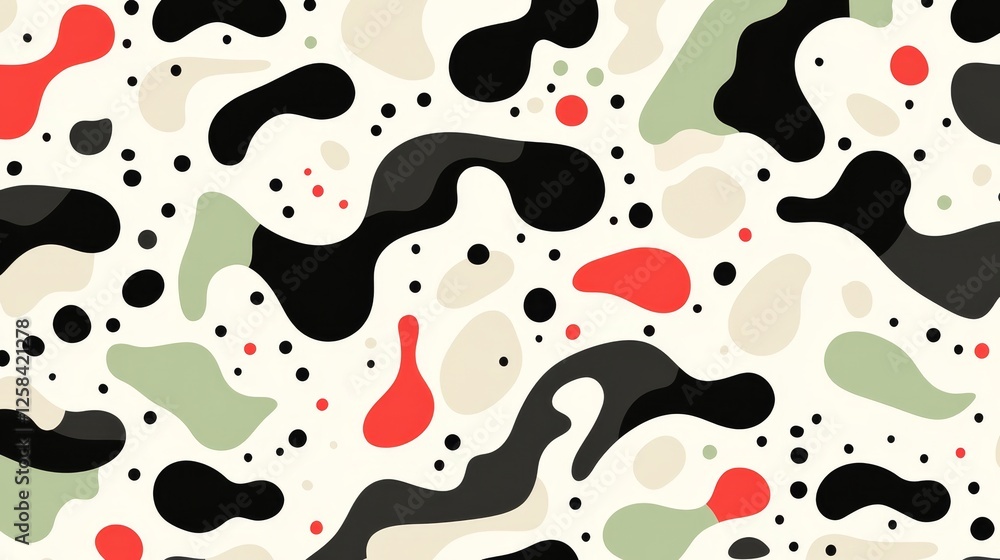 Poster abstract shapes pattern with black red beige and green irregular blob forms and dots on cream backgr