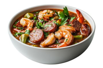Delicious shrimp and sausage stew in a bowl