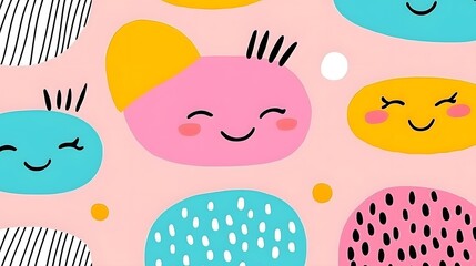 Fototapeta premium Colorful Cartoon Faces with Smiling Expressions on a Pink Background