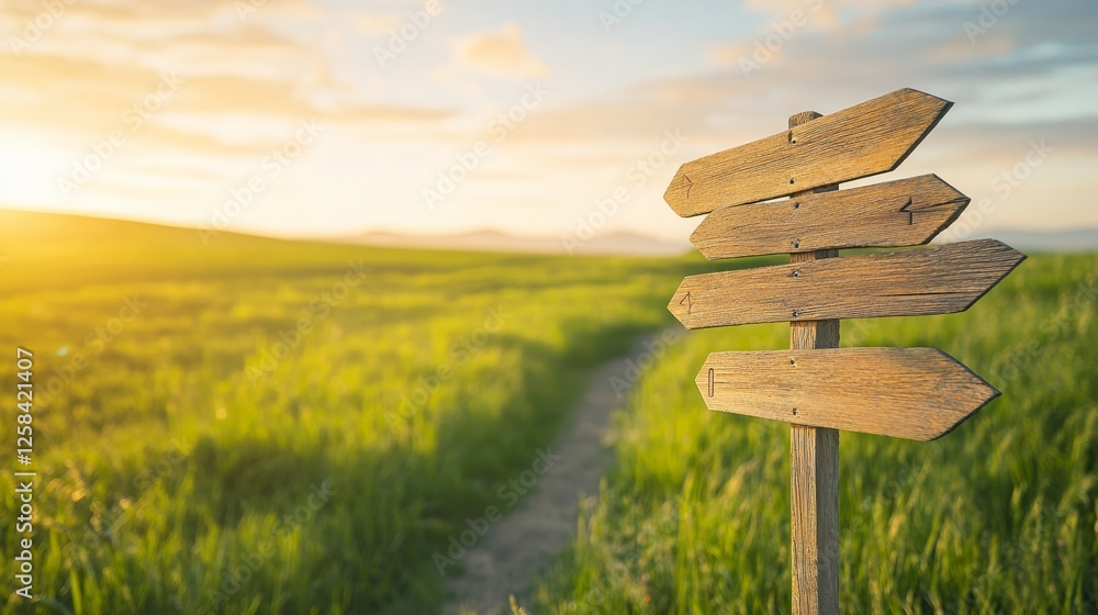 Poster Wooden signpost with multiple blank arrows pointing in different directions in a green field at sunset, symbolizing choices, decisions, and finding the right path