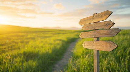 Wooden signpost with multiple blank arrows pointing in different directions in a green field at sunset, symbolizing choices, decisions, and finding the right path