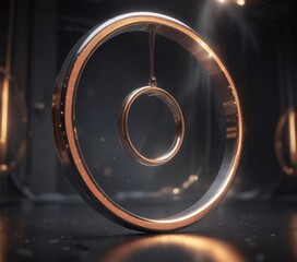 Shimmering metallic ring suspended in mid-air amidst ambient glow, aura, geometry, abstract