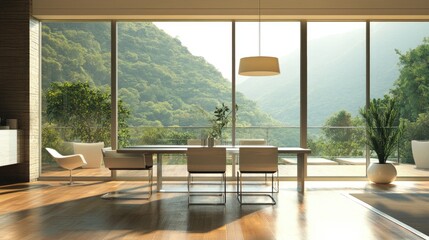 Fototapeta premium Elegant contemporary dining room with a sleek table, modern chairs, and floor-to-ceiling windows offering an abundance of light
