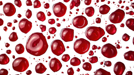 Shiny red drops of liquid on transparent background